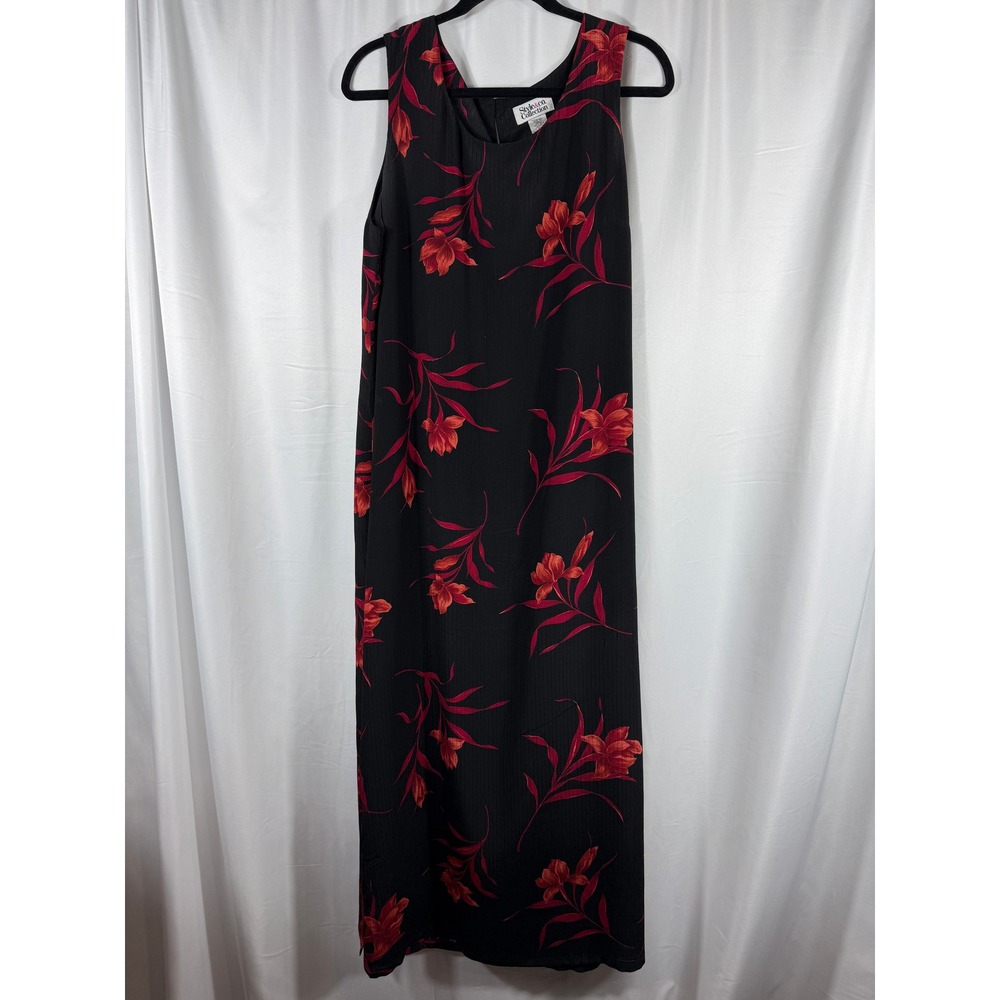 Style & Co Collection Black Red Floral Maxi Dress Womens Size 12 100% Silk‎